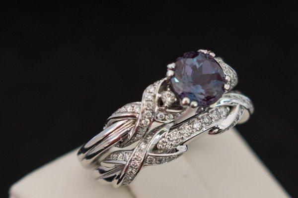 Alexandrite and diamond engagement ring and wedding band set.