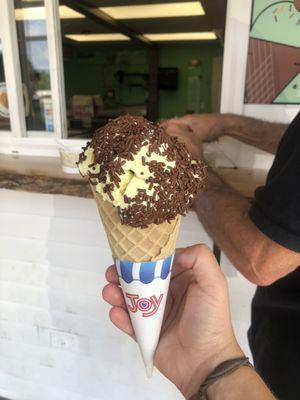 Lemon chocolate chip ice cream.  One scoop in a waffle cone.