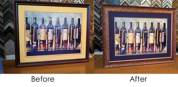 Shop Talk: Check out the before and after shots of this recent project. Notice how the new frame echoes the texture in the wine bottles.