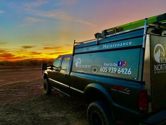 True North RV Service work truck and a beautiful Arizona sunset