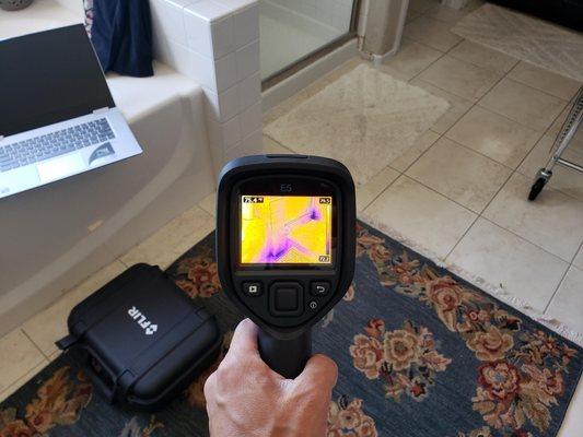 MBR bathroom floor tile moisture detected w/thermal imager.