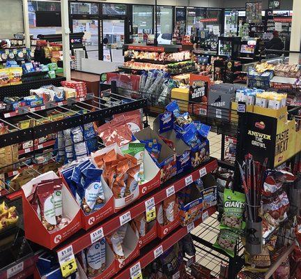 The usual convenience store snacks and drinks.