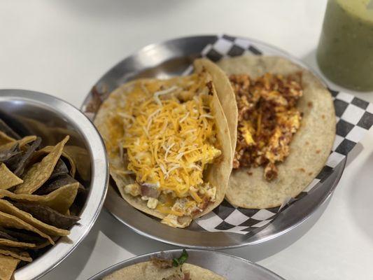 Potato, egg, and cheese breakfast taco and chorizo and egg breakfast taco