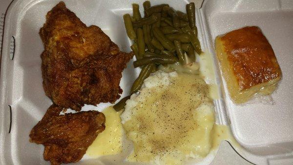 2 peices white meat, green beans, mashed potatoes and gravy, corn bread cake, $8.