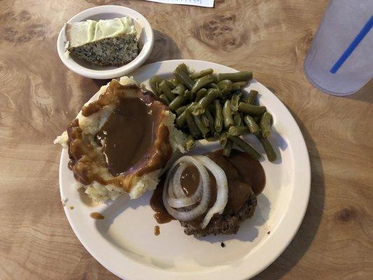 Lunch special, small plate, hamburger steak and lemon poppyseed cake.