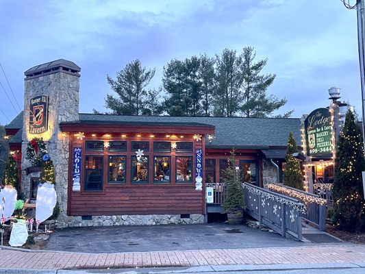 Exterior during holiday season with lights