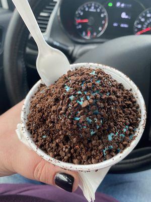 Cookie Monster Ice cream with chocolate crunchies/Oreo crunchies on top