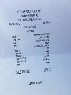 Receipt from Port Hueneme Police Dept