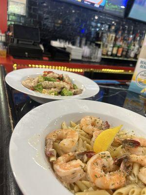 Some of our amazing entrees... shrimp scampi alongside our chicken, sun-dried tomatoes and broccoli over penne