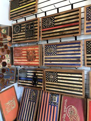 Many different wood "flags"