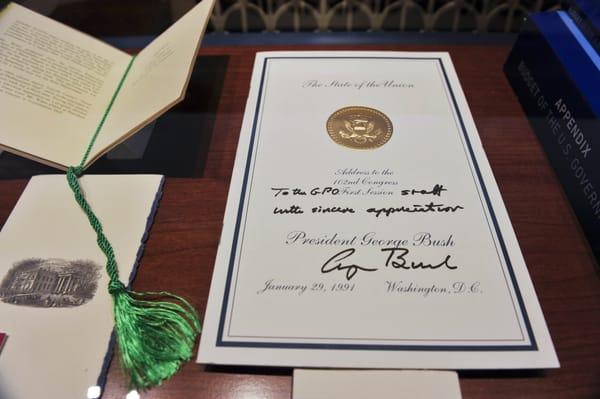 President George H.W. Bush signed a copy of his 1991 State of the Union thanking GPO employees for their hard work.