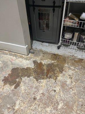 Water leaking from our furnace that destroyed the floors outside our utility closet.