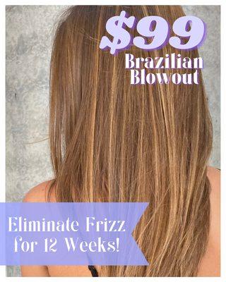 Brazilian Blowout Special!  Brazilian blowout helps eliminate frizz for up to 12 week. Now at $99. Call to redeem offer.