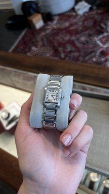 One of many Cartier Tank Française watches we have available in our showroom.