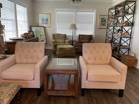 We assembled chairs, and bookshelf. We displayed sentimental Knick knacks, client wanted to keep after purging.