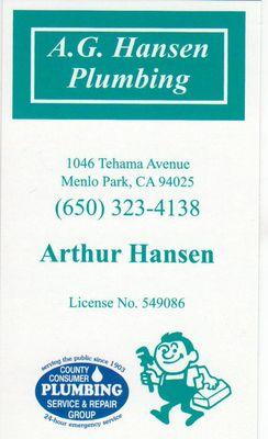 A. G. Hansen Plumbing Biz Card