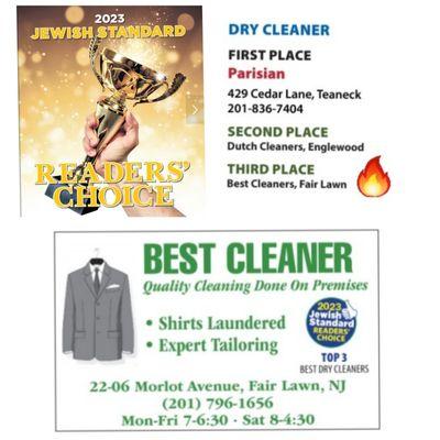 Best cleaners awarded 3rd place for 2023 jewish standard magazine for the community of fairlawn NJ .