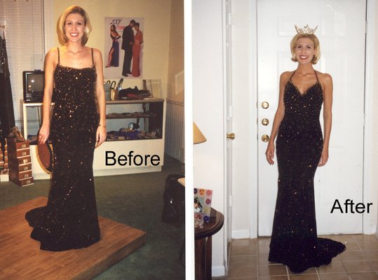 Velvet pageant gown with rhinestones, before and after