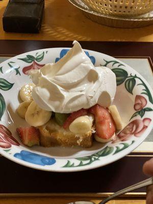 A gem, fruit parfait on top of pound cake and topped off with cool whip.