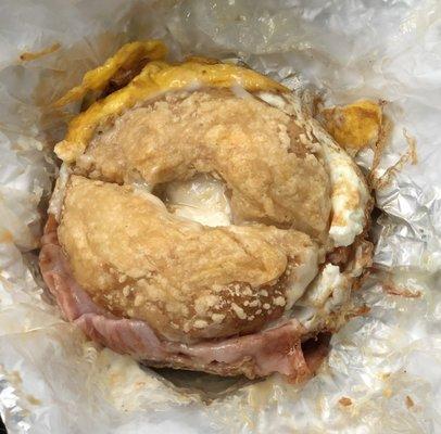 Ham, Egg & Cheese on an asiago bagel