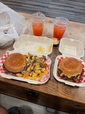 2 double mega burgers (minus the chips), 2 lemonades, and a 1/2 order of munchie fries.