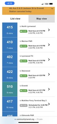 Cancel a bus that was supposed to be here at 359 it's now 4:16 and they just removed it and changed it to the next bus at 4:32.