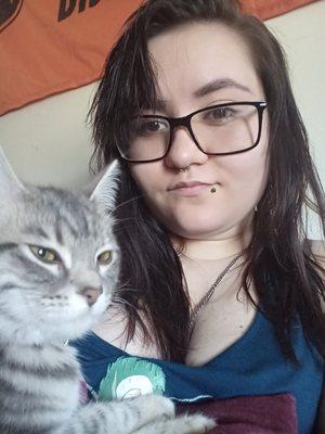 Picture is me with my friend's cat. After my Piercing had healed.