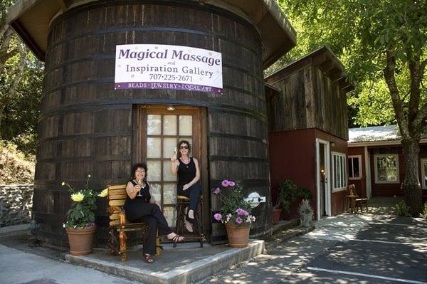 Martha and Carolyn invite you for a massage in the wine barrel.