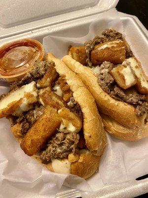 The Lorenzo Sandwich:  cheesesteak, chicken fingers, French fries, mozzarella sticks.