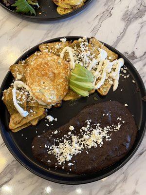 Green Chilaquiles, Over Easy Egg and Black Beans