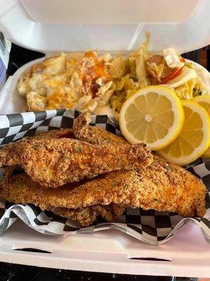 Fried catfish Mac n cheese and fried cabbage