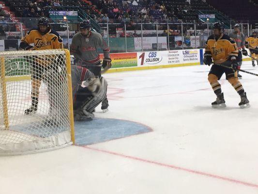 9/2/17 Saturday.ETBU Tigers (gold) v. (Ole Miss) University of Mississippi Rebels (gray). Ice Hockey. Hirsch Coliseum. Shreveport, Louisiana