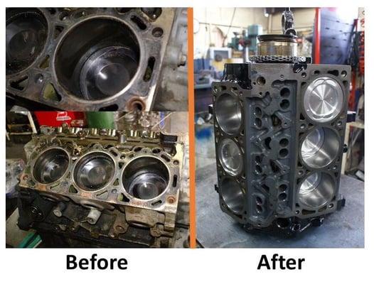 Before and after comparison of the resurfaced cylinder walls and installation of new pistons and rings.