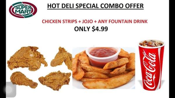 Hot deli and soda combo offer.