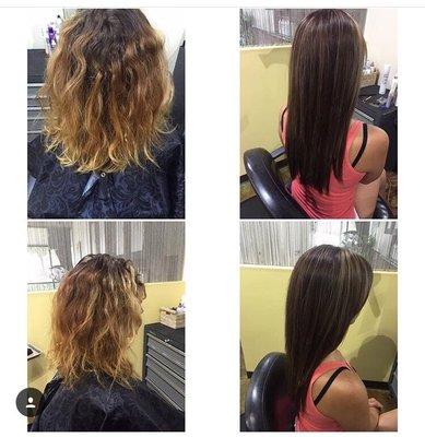 Before and after... Color correction with Hot Head tape in extensions added!