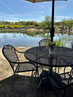 One of the tables by the pond to sit.