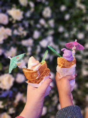 Thai Tea Vanilla Swirl and Ube Soft Serve in a Taiyaki