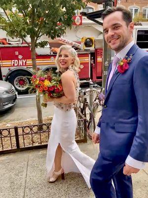 Wedding bouquet and groom boutonnière in action