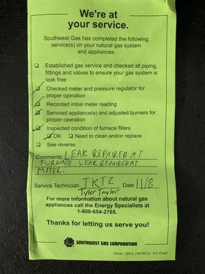 Southwest Gas Tech. Mr. Tyler Taylor receipt noting gas leak repairs