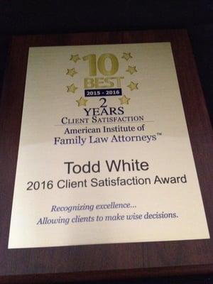 "10 Best" list for client satisfaction for 2015 and 2016 of the American Institute of Family Law Attorneys.