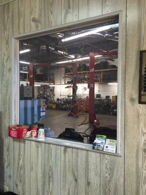 Looking into the service garage from the waiting area