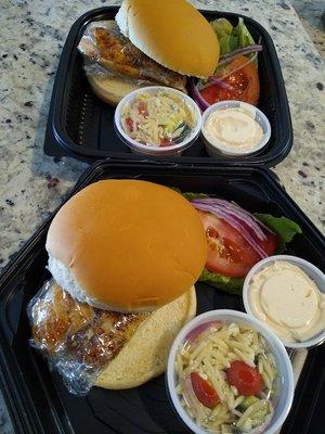 Grilled chicken sandwich with side of homemade orzo pasta salad