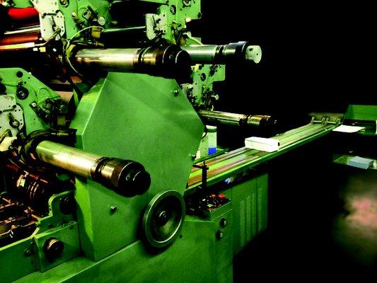 well-maintained classic printing presses create beautiful imagery and color matching, halm jet press shown here