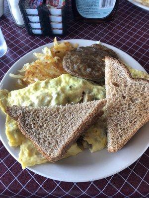 Veggie omelette, hash browns, sausage, and wheat toast