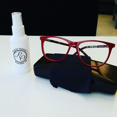 Red is the color for spring 2018. Get a free bottle of spray cleaner with your glasses purchase.