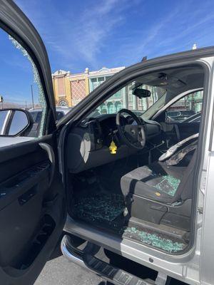 Truck broken into, driver glass window shattered