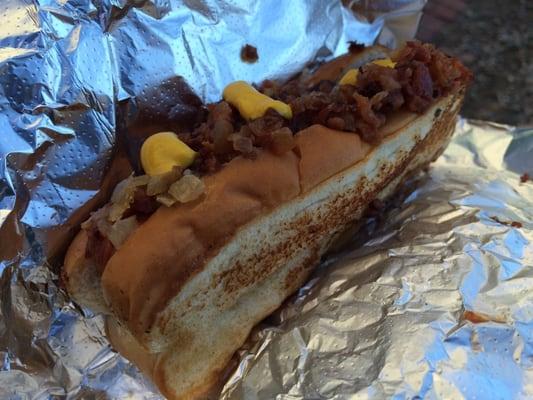 Crazy Dog with bacon, caramelized onions, and spicy sauce! I added the bit of mustard.