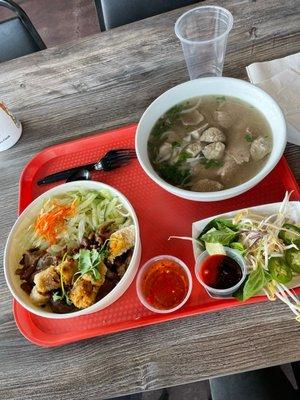 Honey glazed pork with egg rolls vermicelli noodle bowl on left and pho beef combination on right