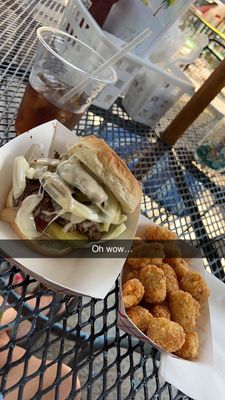 Mushroom Swiss Burger and tots.