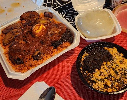 Left is Jollof rice chicken and plantains. Right pounded yam and egusi with beef